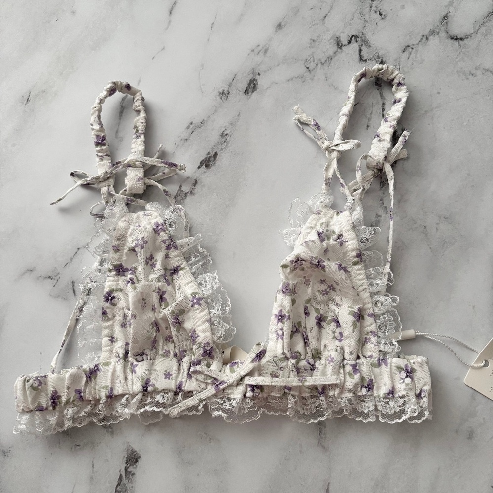 For Love & Lemons Nwt Lavender Fields Lace Trim Tie Everyday Bralette XS